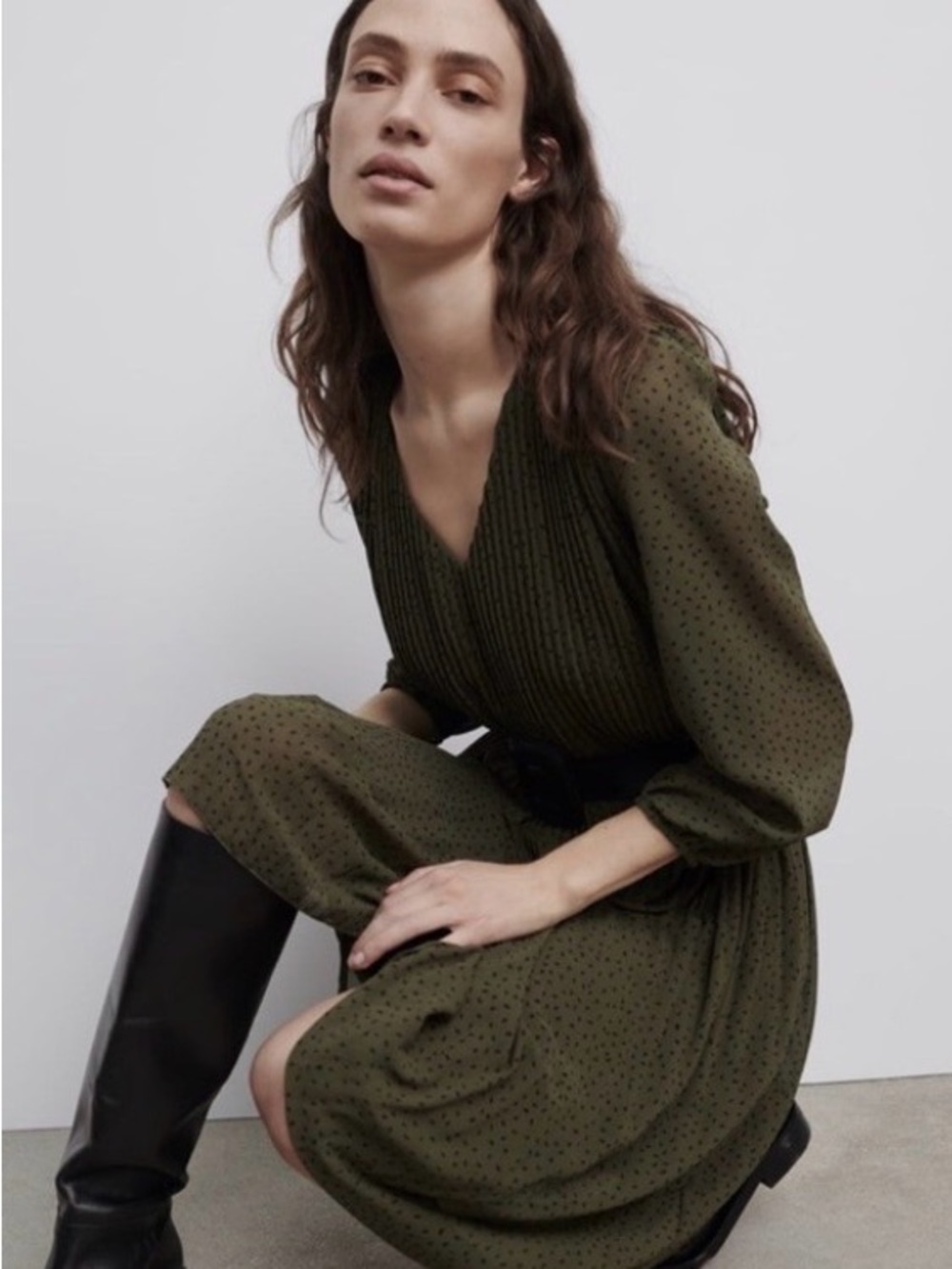 ZARA Olive Green Pleated Midi Dress